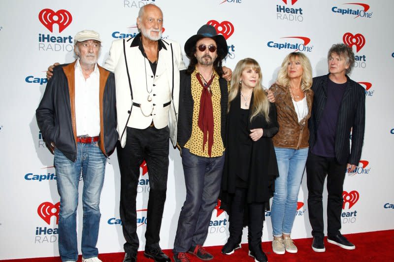 Left to right, John McVie, Mick Fleetwood, Mike Campbell, Stevie Nicks, Christine McVie and Neil Finn of Fleetwood Mac arrive for the iHeartRadio Music Festival at the T-Mobile Arena in Las Vegas in 2018. File Photo by James Atoa/UPI