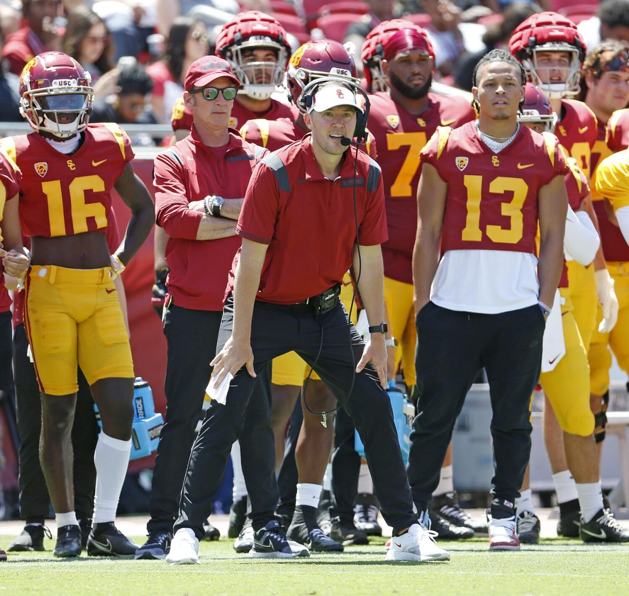 USC coach Lincoln Riley watches from the sideline during the Trojans' spring game at the Coliseum in April.