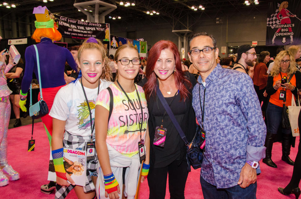 Tessa and Milena, 12-year-old twins from Staten Island, hit RuPaul’s DragCon with their parents, Tara and Alex. (Photo: The Drunken Photographer for Yahoo)