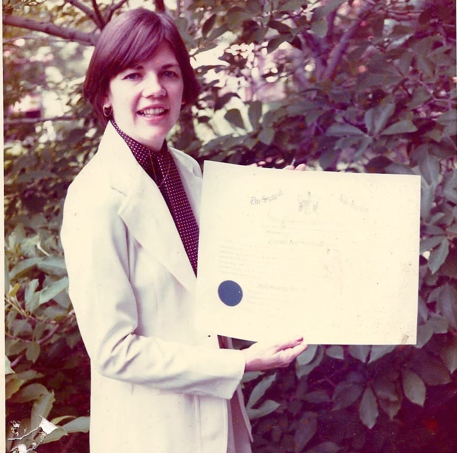 Elizabeth Warren holds up her certificate from Rutgers University where she completed her law degree. (Photo: Elizabeth Warren)