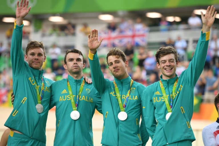 (From L) Silver medallists Australia's Michael Hepburn, Jack Bobridge, Sam Welsford and Alexander Edmondson pose on the podium after the men's team pursuit finals track cycling event, during the Rio 2016 Olympic Games, on August 12