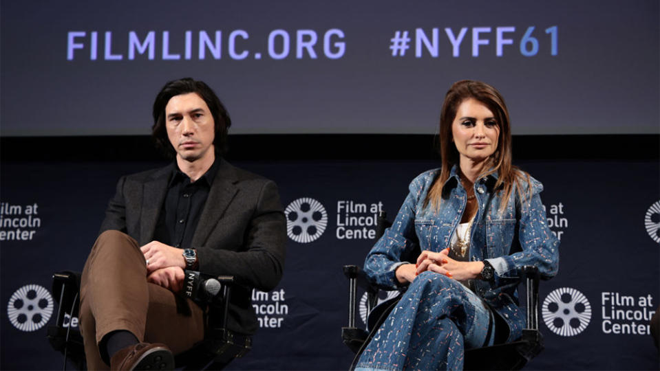 Adam Driver and Penélope Cruz attend the "Ferrari" press conference during the 61st New York Film Festival -at Walter Reade Theater on October 13, 2023 in New York City. 