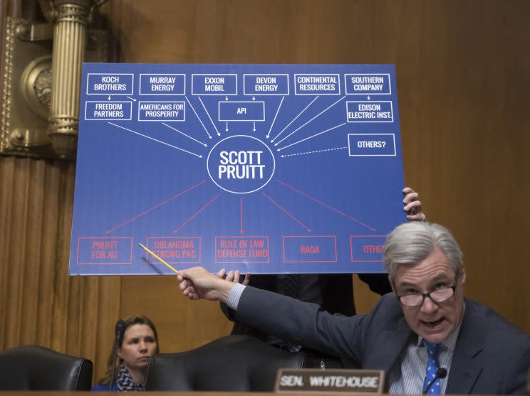 Senate Environment and Public Works Committee member Sen. Sheldon Whitehouse, D-R.I., points to a chart as he questions Environmental Protection Agency Administrator-designate, Oklahoma Attorney General Scott Pruitt, on Capitol Hill in Washington, Wednesday, Jan. 18, 2017, during Pruitt's confirmation hearing before the committee. (Photo: J. Scott Applewhite/AP)