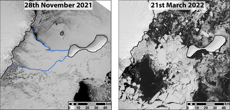 Two satellite images of the Conger ice shelf side-by-side show its pre- and post-collapse state.