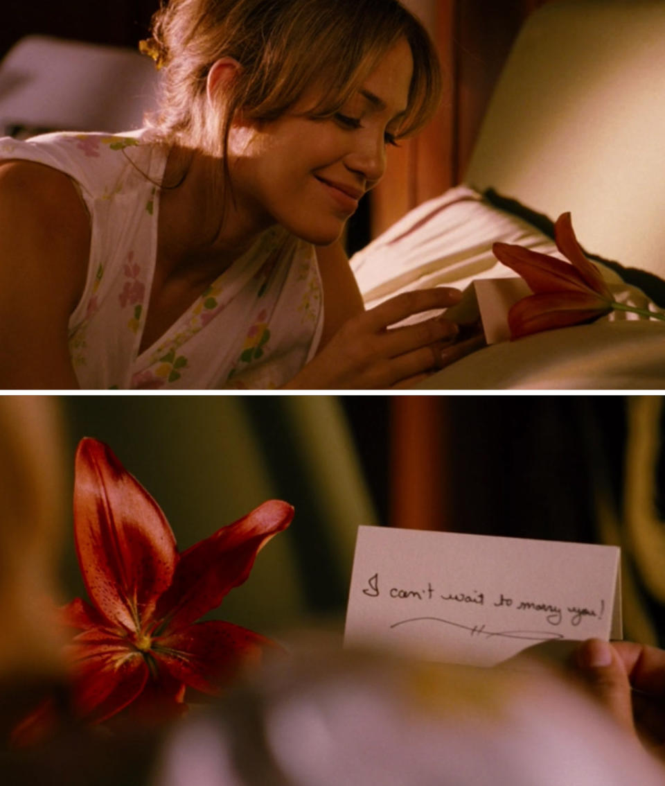 Jennifer Lopez in "Monster-in-Law" reading a note in bed that says: "I can't wait to marry you!"