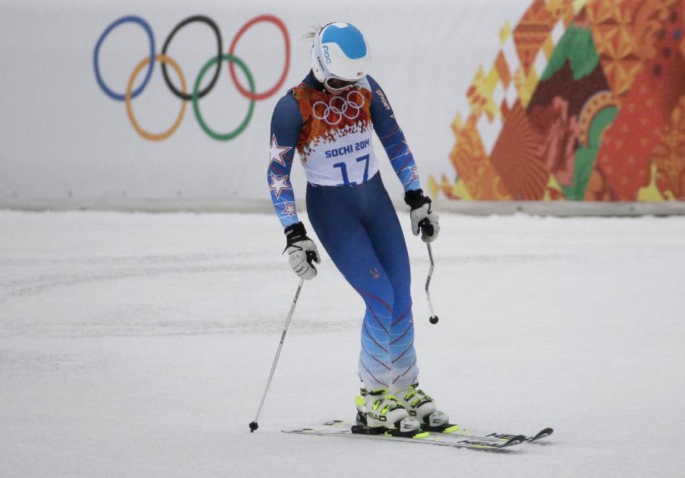 United States' Julia Mancuso reacts after skiing out of the first run of the women's giant slalom at the Sochi 2014 Winter Olympics, Tuesday, Feb. 18, 2014, in Krasnaya Polyana, Russia. (AP Photo/Gero Breloer)