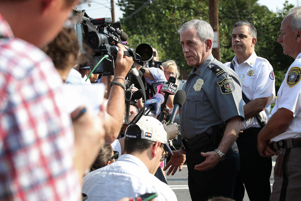 <p>AMichael Brown, Alexandria Chief of Police, briefs members of the press near Eugene Simpson Field, the site where a gunman opened fire June 14, 2017 in Alexandria, Va. (Photo: Win McNamee/Getty Images) </p>