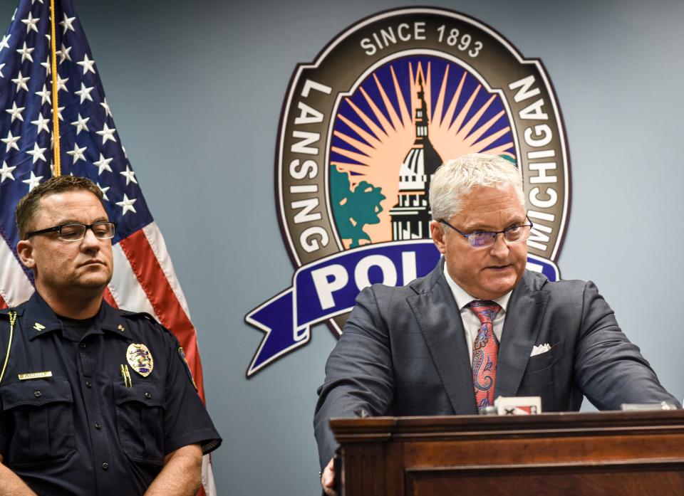 "This is unacceptable. Our community must come together to combat the gun violence," Ingham County Prosecutor John Dewane says Monday, Aug. 7, 2023, as Lansing Police Chief Elery Sosebee looks on during a press conference addressing the recent rash of gun violence in the Greater Lansing area. "I assure you I will do whatever I can under the law to hold both youthful and adult offenders accountable for gun violence and murder."