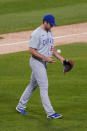 Chicago Cubs relief pitcher Jason Adam tosses a ball after Chicago White Sox's Yoan Moncada hit a two-run home run during the sixth inning of a baseball game in Chicago, Saturday, Sept. 26, 2020. (AP Photo/Nam Y. Huh)