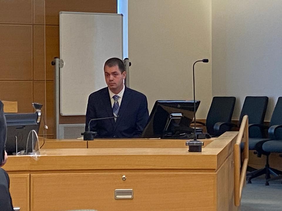 Raynham Police Officer Brian Silva testifies at the bench trial of East Bridgewater Police Sgt. Thomas E. Flint Thursday, Feb. 22, 2024, in Taunton District Court.