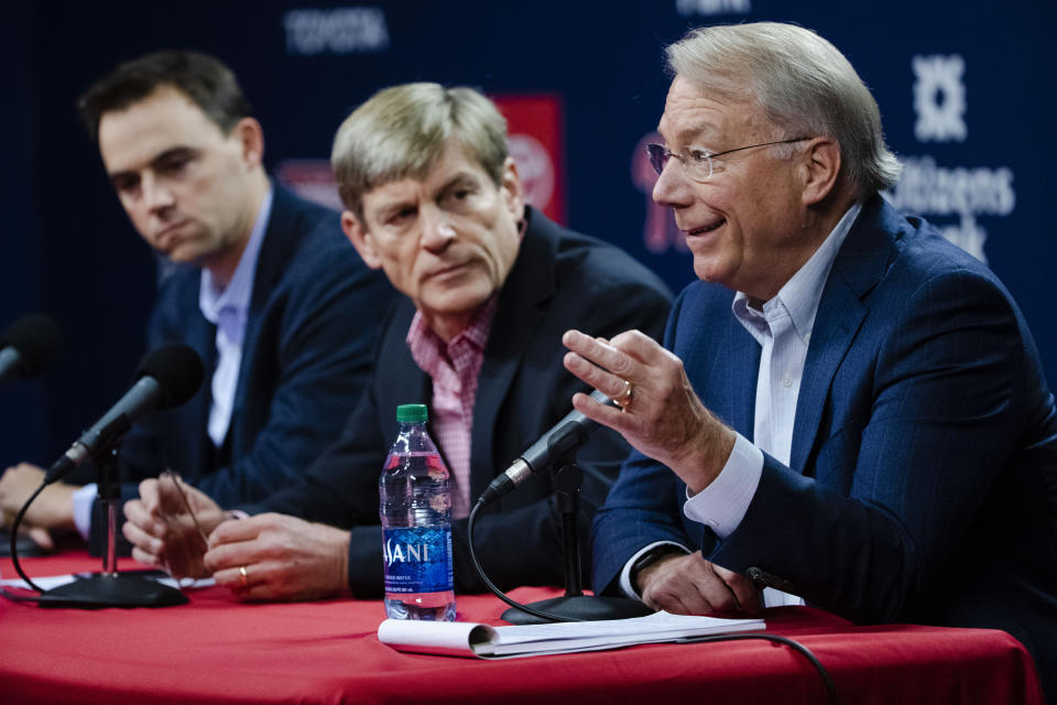 Philadelphia Phillies president Andy MacPhail, right, speaks during a news conference as general manager Matt Klentak, left, and managing partner John Middleton look on in Philadelphia, Friday, Oct. 11, 2019. The Phillies fired manager Gabe Kapler on Thursday. (AP Photo/Matt Rourke)