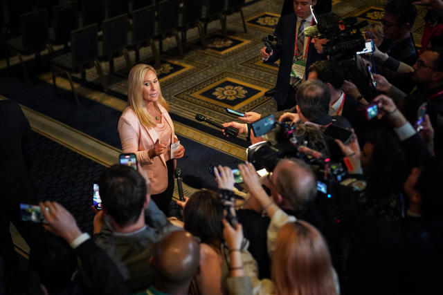 Rep. Marjorie Taylor Greene, R-Ga., speaks to reporters after her speech at CPAC in Fort Washington, Md., on March 3, 2023. (Frank Thorp V / NBC News)