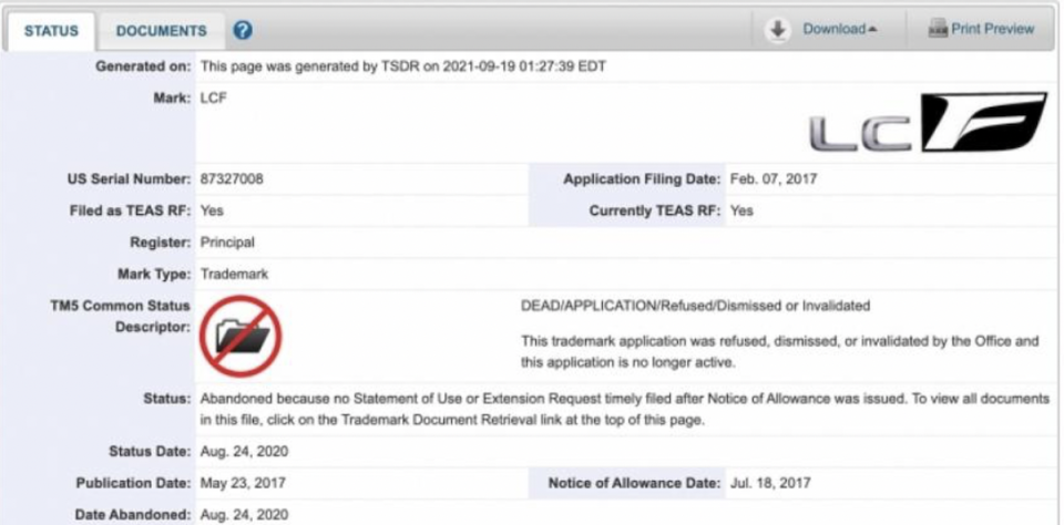 Lexus 先前註冊的 LC F 商標已經遭取消。