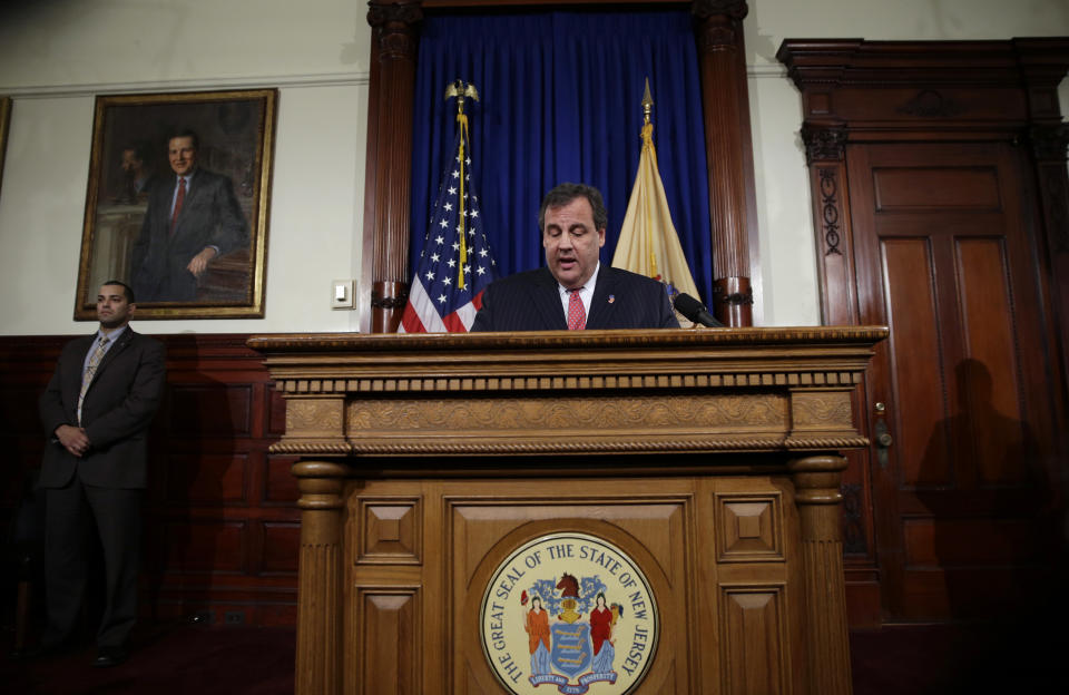 New Jersey Gov. Chris Christie speaks during a news conference Thursday, Jan. 9, 2014 at the Statehouse in Trenton. N.J. Christie has fired a top aide who engineered political payback against a town mayor, saying she lied. Deputy Chief of Staff Bridget Anne Kelly is the latest casualty in a widening scandal that threatens to upend Christie's second term and likely run for president in 2016. Documents show she arranged traffic jams to punish the mayor, who didn't endorse Christie for re-election. (AP Photo/Matt Rourke)