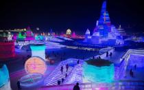 <p>A view of structures built of ice during the opening night of the annual tourist attraction.</p>