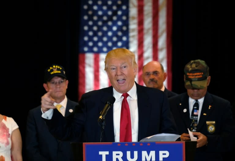 US Republican presidential candidate Donald Trump speaks about his support for veterans at the Trump Tower on May 31, 2016 in New York