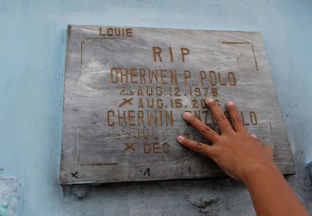 Kathrina Polo touches the tomb of her late husband Cherwen Polo, who was shot and killed by policemen inside their house, at a cemetery in Novaliches, Quezon City, Metro Manila, Philippines November 21, 2017. REUTERS/Erik De Castro/Files