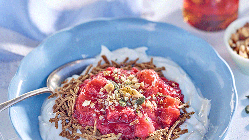 Spiced rhubarb and all-bran breaky bowl by Justine Schofield. Photo: Supplied