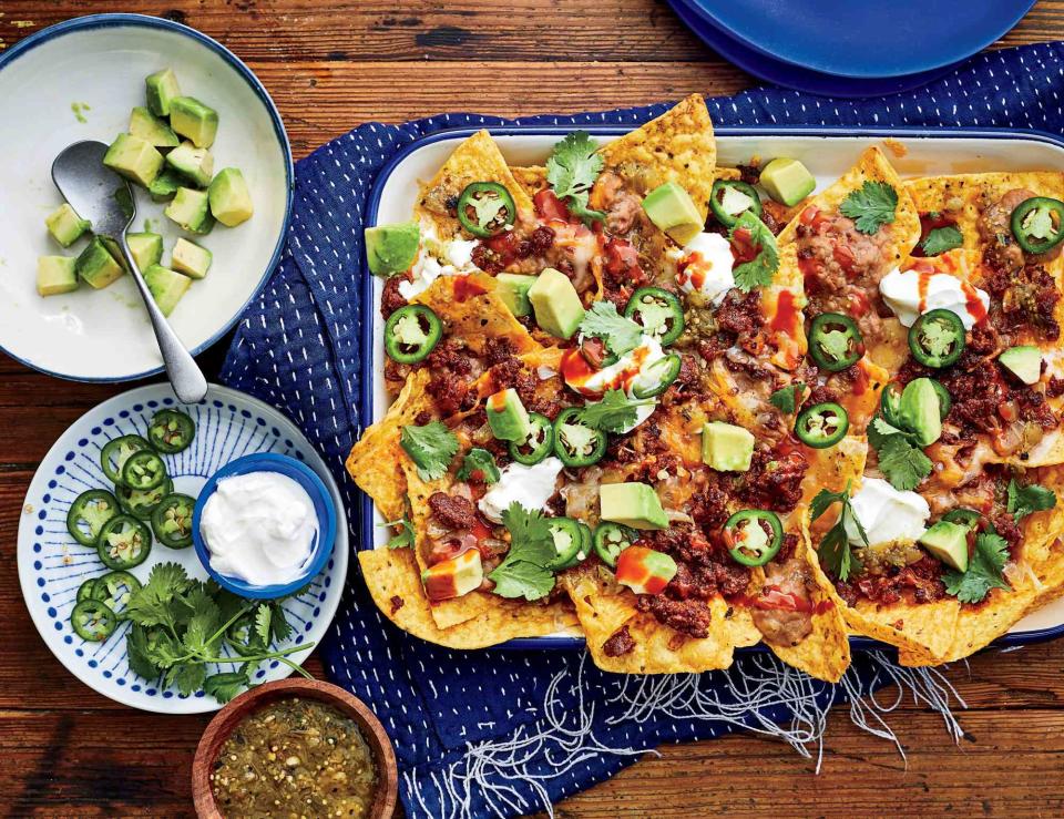 Sheet Pan Nachos with Chorizo and Refried Beans