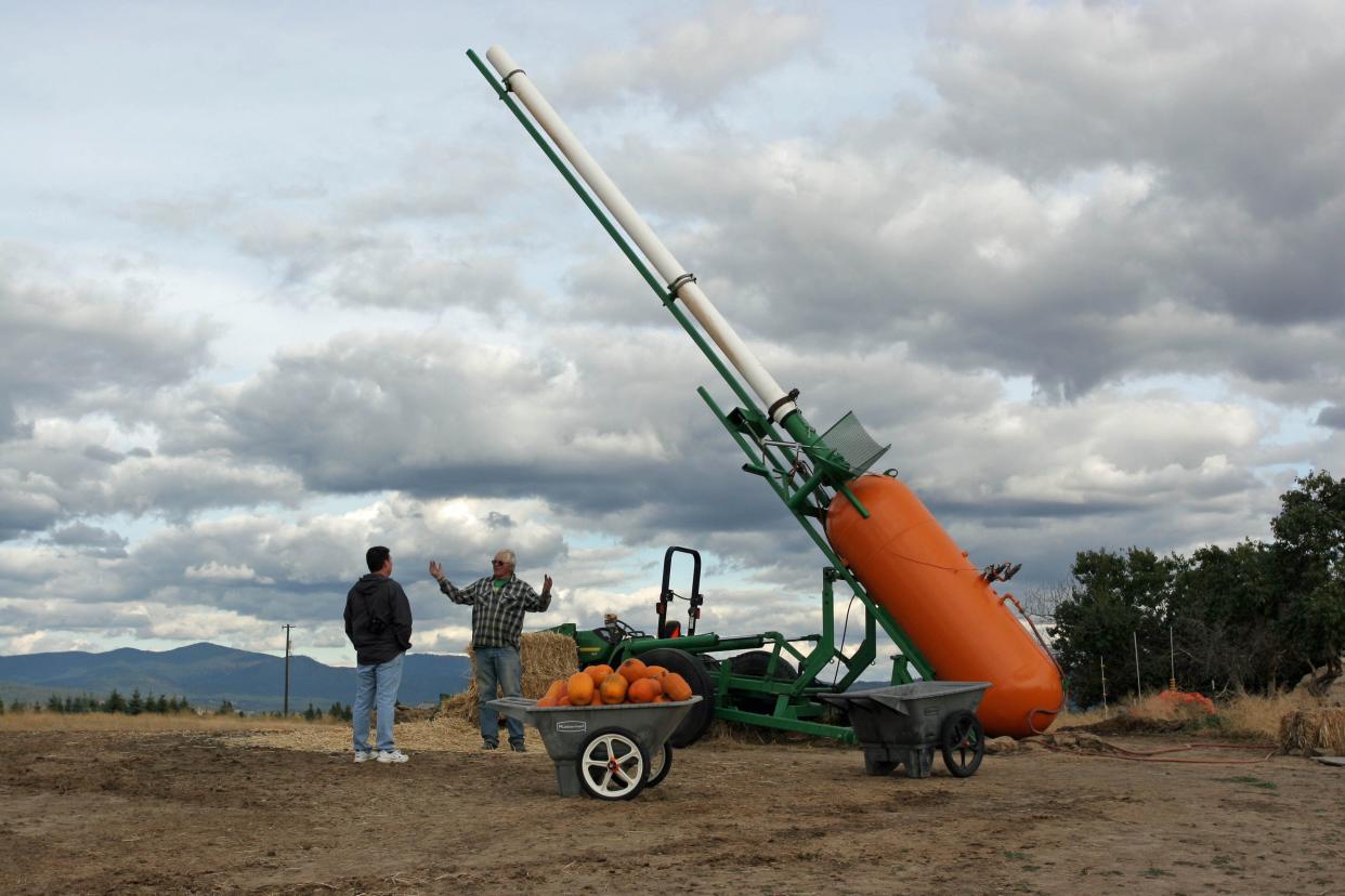 Punkin Chunkin, is the sport of hurling or 'chucking' a pumpkin solely by mechanical means for distance. The devices used include slingshots, catapults, centrifugals, trebuchets, and pneumatic cannons.