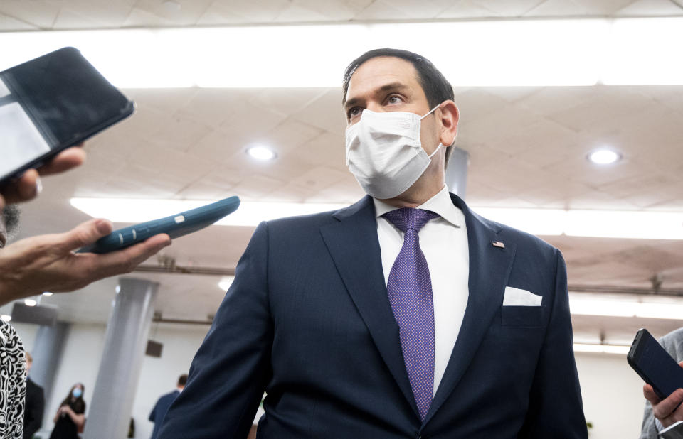 UNITED STATES - MARCH 23: Sen. Marco Rubio, R-Fla., speaks with reporters as he leaves the Capitol after a vote on Tuesday, March 23, 2021. (Photo By Bill Clark/CQ-Roll Call, Inc via Getty Images)