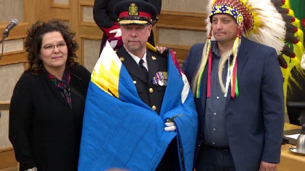 Troy Cooper, center, at his swearing-in ceremony on Feb. 28, 2018. (CBC - image credit)