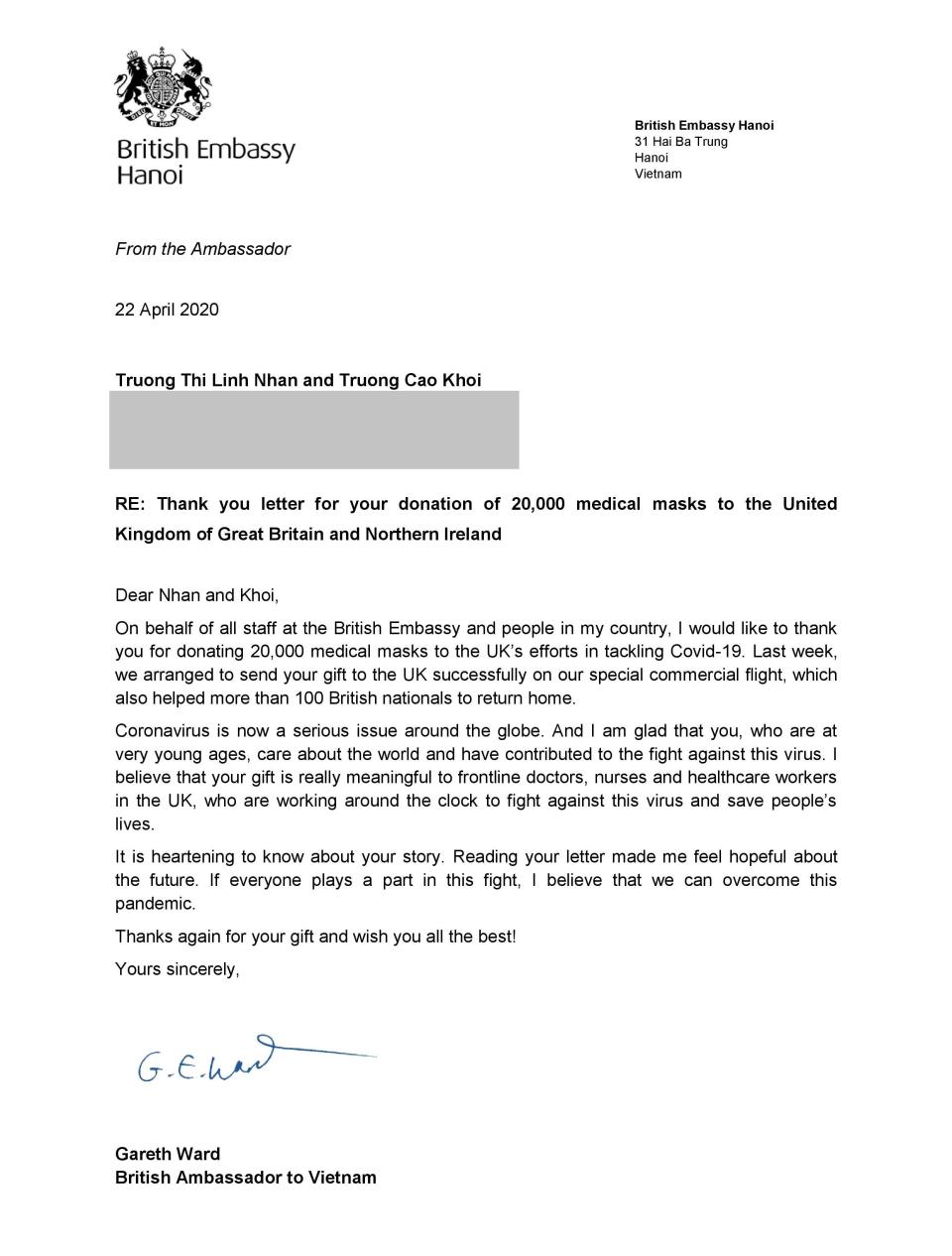 Ambassador Gareth Ward's letter