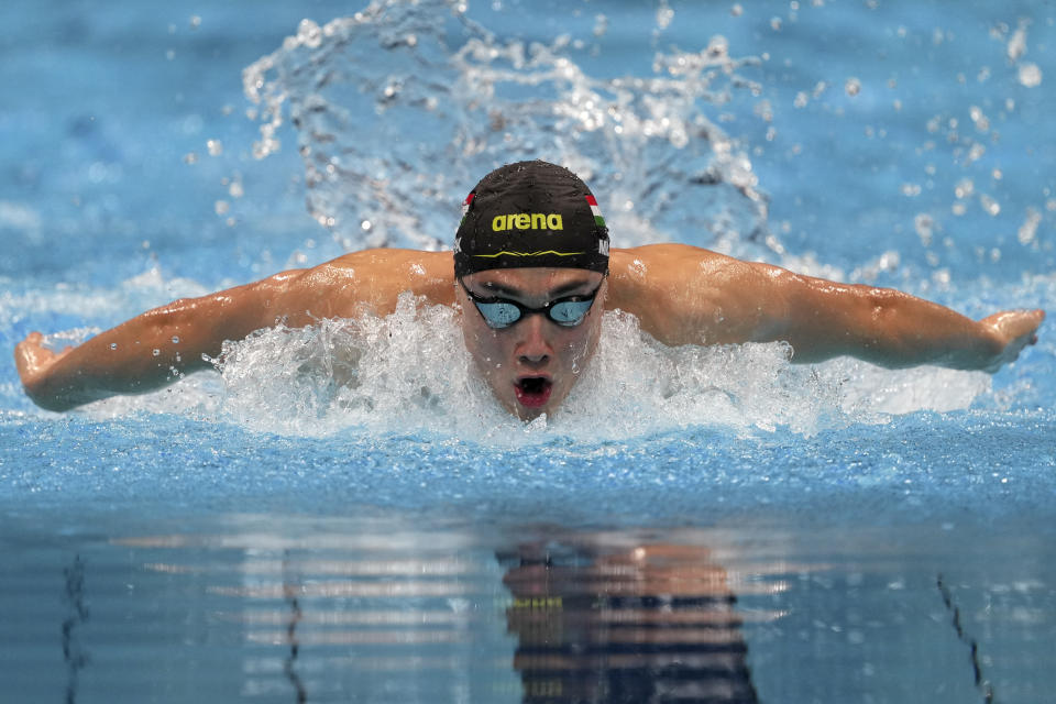 Kristof Milak of Hungary swims in a men's 200-meter butterfly final at the 2020 Summer Olympics, Wednesday, July 28, 2021, in Tokyo, Japan. (AP Photo/Matthias Schrader)