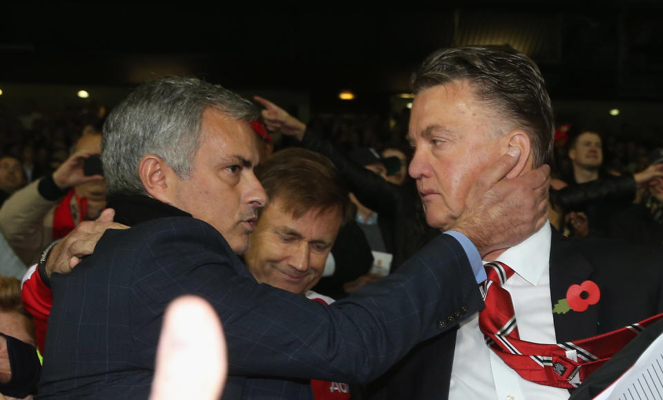 Jose Mourinho and Louis Van Gaal before a Premier League match between Chelsea and Manchester United. (Getty)