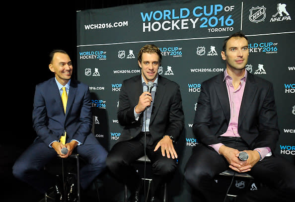 TORONTO, ON - SEPTEMBER 9: Miroslav Satan, Anze Kopitarr and Zdeno Chara of Team Europe andswer questions from the media during the World Cup of Hockey Media Event on September 9, 2015 at Air Canada Centre in Toronto, Ontario, Canada. (Photo by Graig Abel/NHLI via Getty Images)