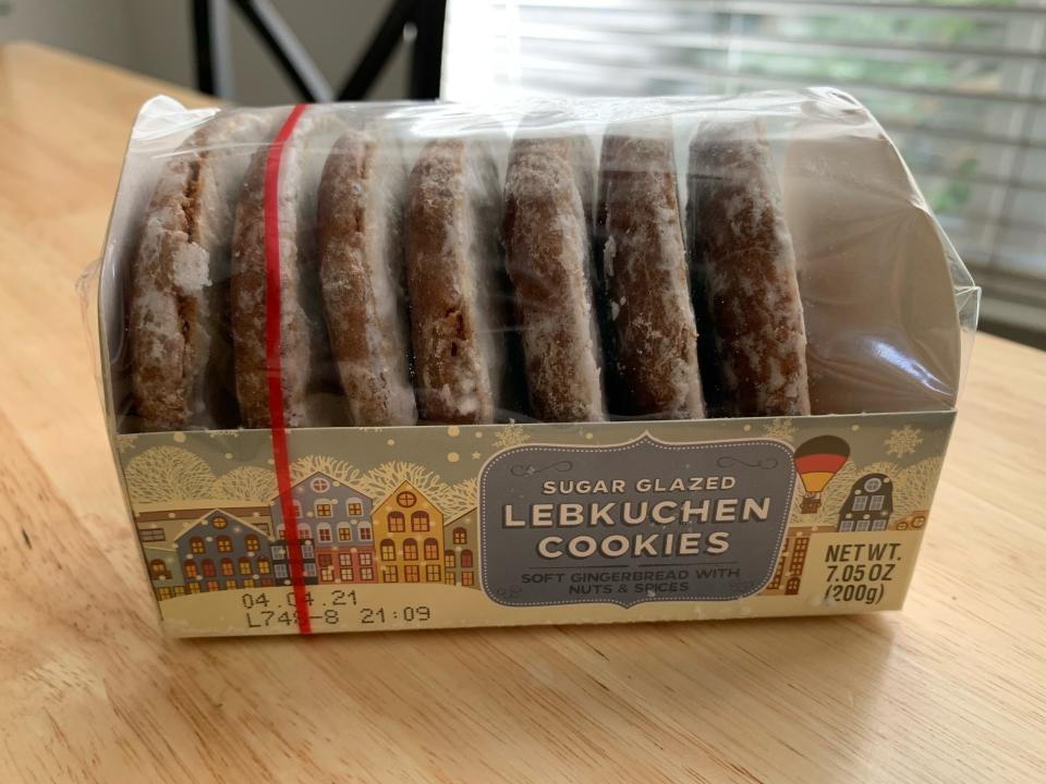 trader joes lebkuchen cookies in original packing on wood table