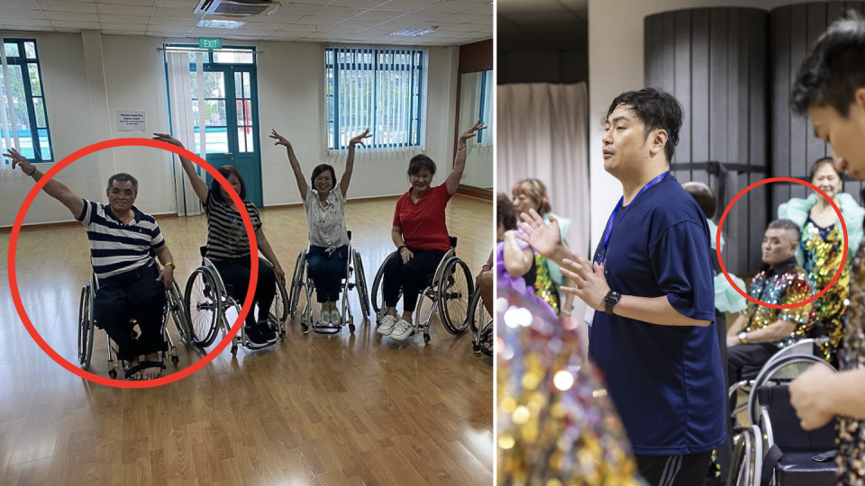 Toh Cheng Siew with D’Passion Wheelchair Dance Group (left) and Kelvin and Toh at 2024 Chingay parade rehearsal (Photos: Kelvin Toh)