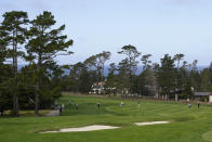 Jordan Spieth, third from right, hits his approach shot up to the sixth green of the Pebble Beach Golf Links during the second round of the AT&T Pebble Beach Pro-Am golf tournament Friday, Feb. 12, 2021, in Pebble Beach, Calif. (AP Photo/Eric Risberg)