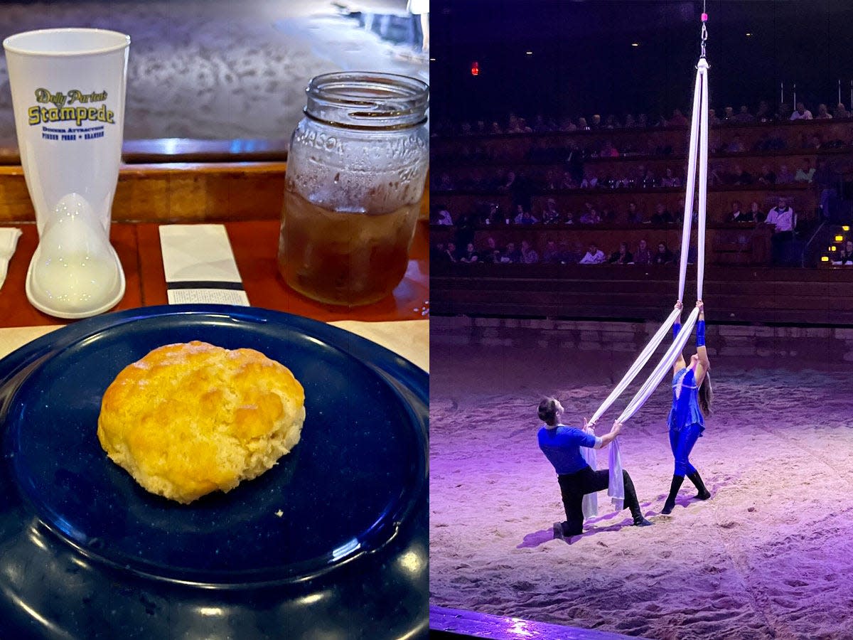 meal at Dolly Parton's Stampede and aerialist at show