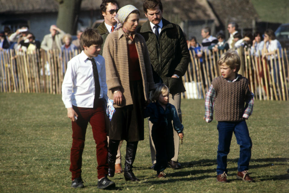 Princess Anne with her daughter Zara Phillips, nearly 3, and son Peter Phillips, 6, right, at the Badminton Horse Trials   (Photo by PA Images via Getty Images)