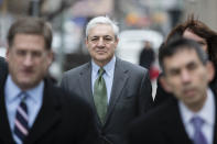 Former Penn State president Graham Spanier walks to the Dauphin County Courthouse in Harrisburg, Pa., Friday, March 24, 2017. Spanier faces charges that he failed to report suspected child sex abuse in the last remaining criminal case in the Jerry Sandusky child molestation scandal. (AP Photo/Matt Rourke)