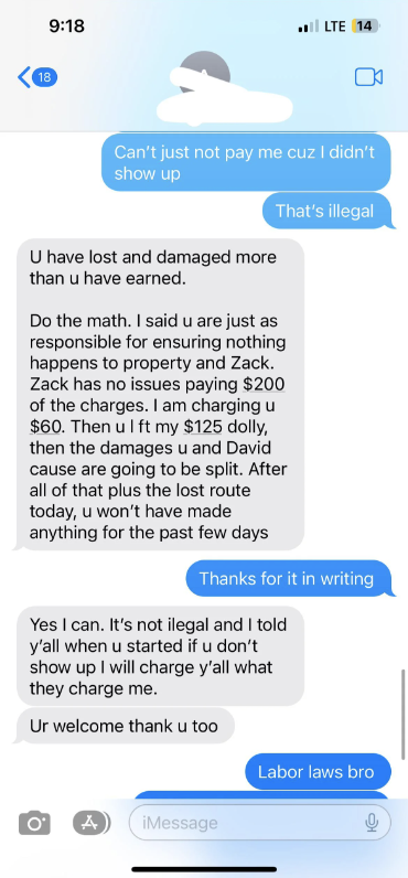 Text exchange about payment for damages between unnamed individuals. The conversation includes discussions of legal responsibilities and charges
