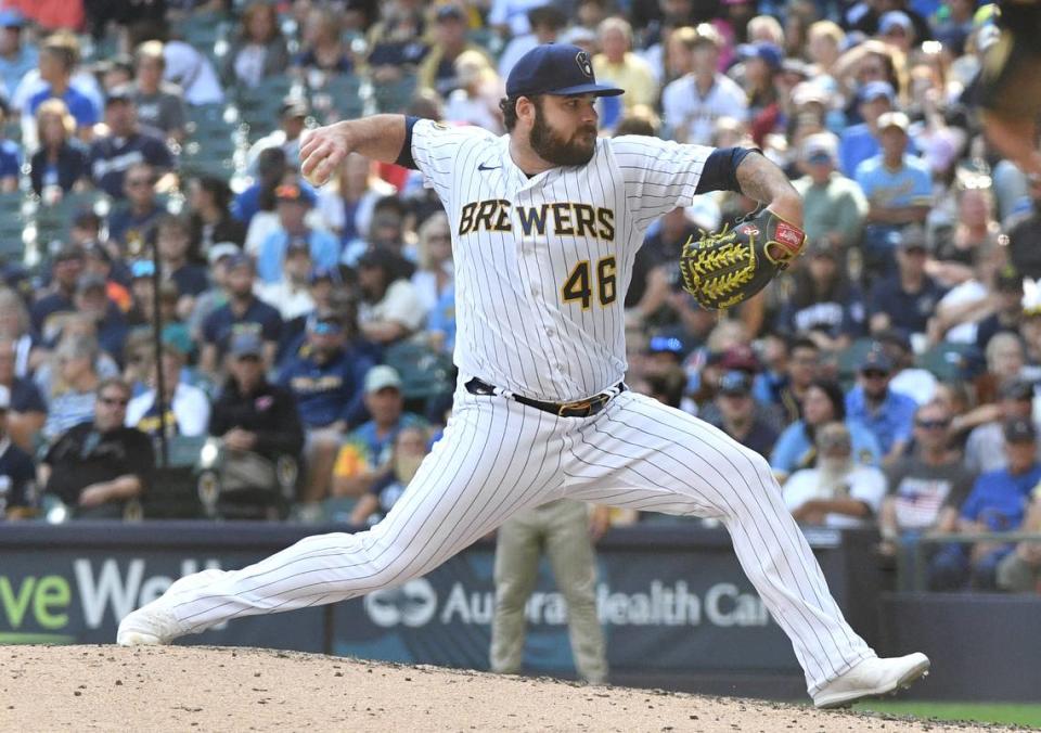 Milwaukee Brewers relief pitcher Bryse Wilson (46) delivers a pitch against the San Diego Padres in the sixth inning at American Family Field.