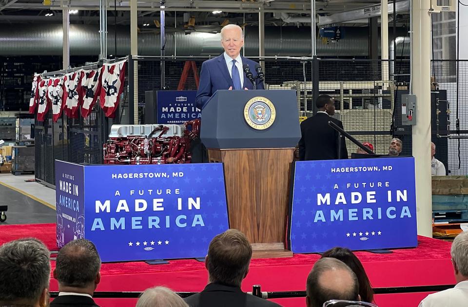 President Joe Biden discusses his economic policy Friday during a visit to the Volvo Group Trucks Powertrain facility in Hagerstown.