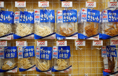 Japanese squid snacks are displayed at a retail shop in Tokyo, Japan, September 13, 2018. REUTERS/Issei Kato/Files