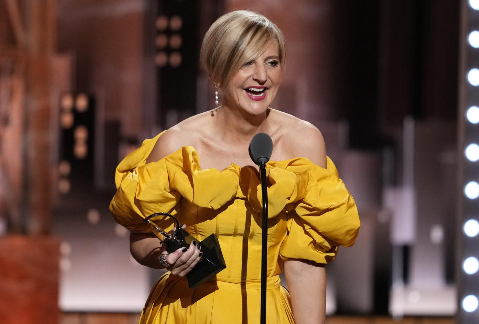 Marianne Elliott accepts the award for best direction of a musical for "Company" at the 75th annual Tony Awards on Sunday, June 12, 2022, at Radio City Music Hall in New York. (Photo by Charles Sykes/Invision/AP)