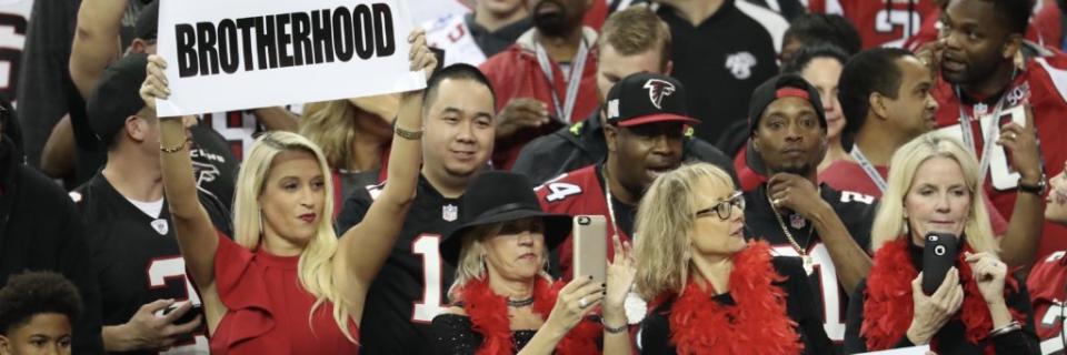 Jan 22, 2017; Atlanta, GA, USA; Atlanta Falcons fans hold up brotherhood signs prior to the game between the Atlanta Falcons and the Green Bay Packers in the 2017 NFC Championship Game at the Georgia Dome. Mandatory Credit: Jason Getz-USA TODAY Sports