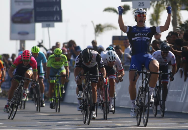 German cyclist Marcel Kittel celebrates after winning the first stage of the Tour of Dubai in Fujairah, on February 3, 2016