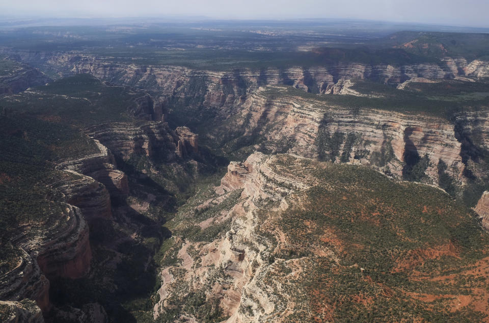 FILE - This May 8, 2017, file photo, shows Arch Canyon within Bears Ears National Monument in Utah. The Bears Ears National Monument covers 315 square miles (816 square kilometers) of southeastern Utah lands considered sacred to Native Americans that are home to ancient cliff dwellings and other artifacts. President Barack Obama created the monument in 2016, and President Donald Trump downsized it a year later. (Francisco Kjolseth/The Salt Lake Tribune via AP, File)