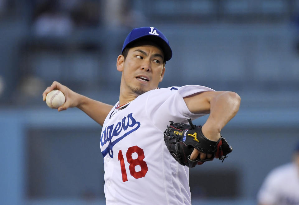 Los Angeles Dodgers starting pitcher Kenta Maeda throws during the first inning of the team's baseball game against the Toronto Blue Jays on Thursday, Aug. 22, 2019, in Los Angeles. (AP Photo/Mark J. Terrill)