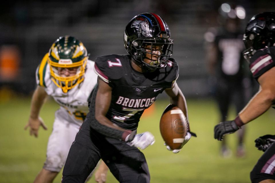 Palm Beach Central receiver Javorian Wimberlyruns with the ball during their game against Jupiter on October 1, 2021 in Wellington, Florida.