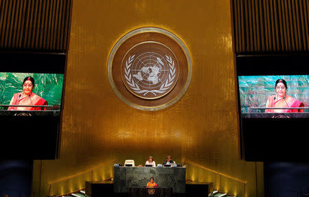 India's Minister of External Affairs Sushma Swaraj addresses the United Nations General Assembly in the Manhattan borough of New York, U.S., September 26, 2016. REUTERS/Brendan McDermid