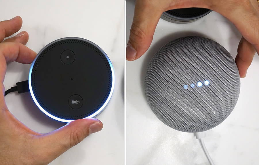 It’s much easier and more reliable to adjust the Echo Dot’s volume (left) by turning its ring instead of tapping the sides.