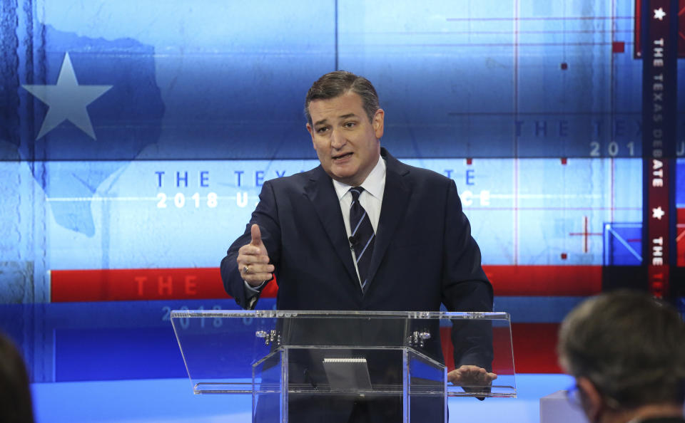 U.S. Sen. Ted Cruz, R-Texas, takes part in a debate for the Texas U.S. Senate with U.S. Rep. Beto O'Rourke, D-Texas, Tuesday, Oct. 16, 2018, in San Antonio. (Tom Reel/San Antonio Express-News via AP, Pool)