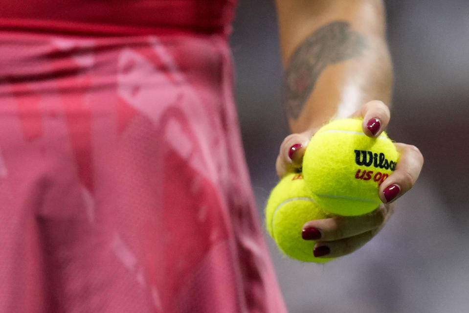 Aryna Sabalenka, of Belarus, prepares to serve to Coco Gauff, of the United States, during the women's singles final of the U.S. Open tennis championships, Saturday, Sept. 9, 2023, in New York. (AP Photo/Manu Fernandez)